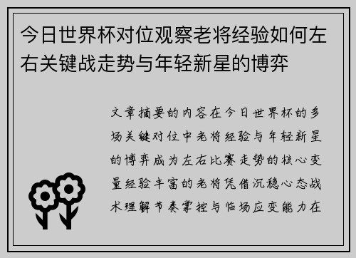 今日世界杯对位观察老将经验如何左右关键战走势与年轻新星的博弈